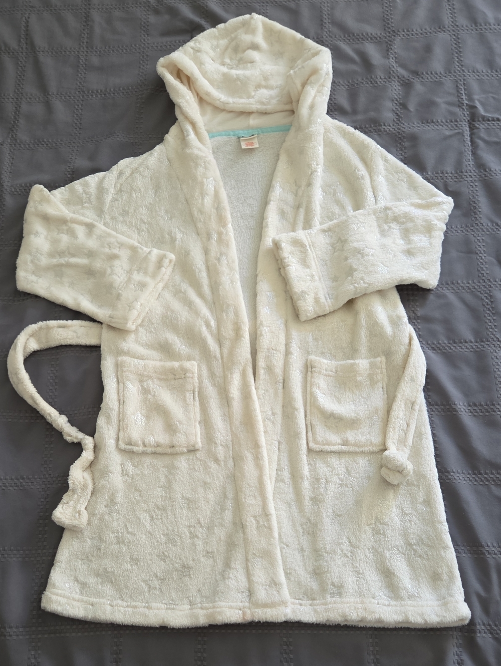 Girls Cat & Jack Cream Plush Hooded Robe With Silver Stars, Sz 10/12